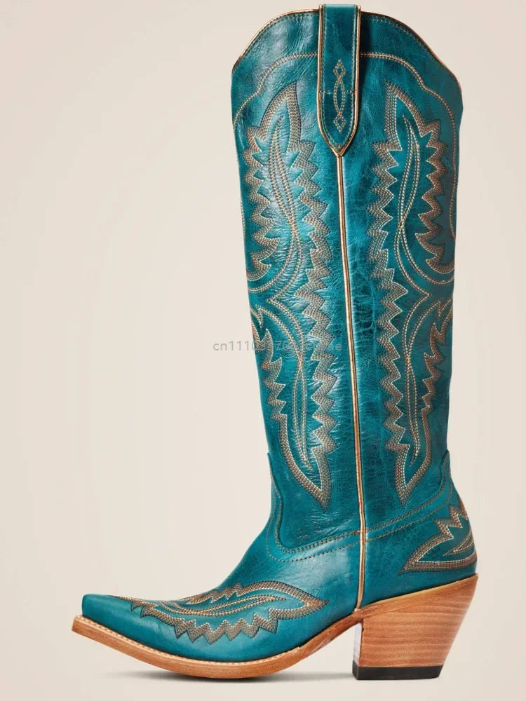 Women Western Cowboy Style Boots Pointed Thick High Heels Knee Length Embroidered Boot Autumn Block Heel Retro Casual Shoes
