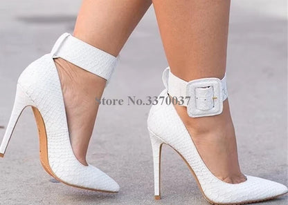 Ladies Charming Pink Patent Leather Pointed Toe Ankle Wrap Pumps Buckle Design Classical Style High Heels Formal Dress Shoes