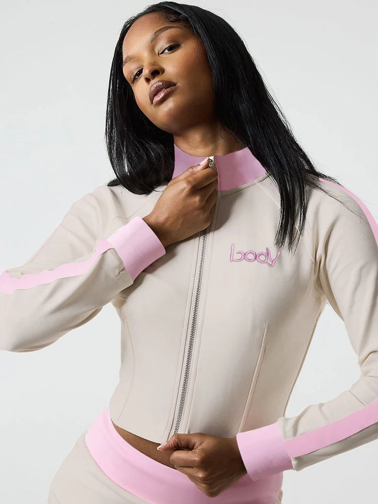 Nibber Embroidery Letter Patchwork Women 2 Piece Set Zip Crop Jacket+Mini Shorts Stretch Casual Street Sporty Hipster Outfits
