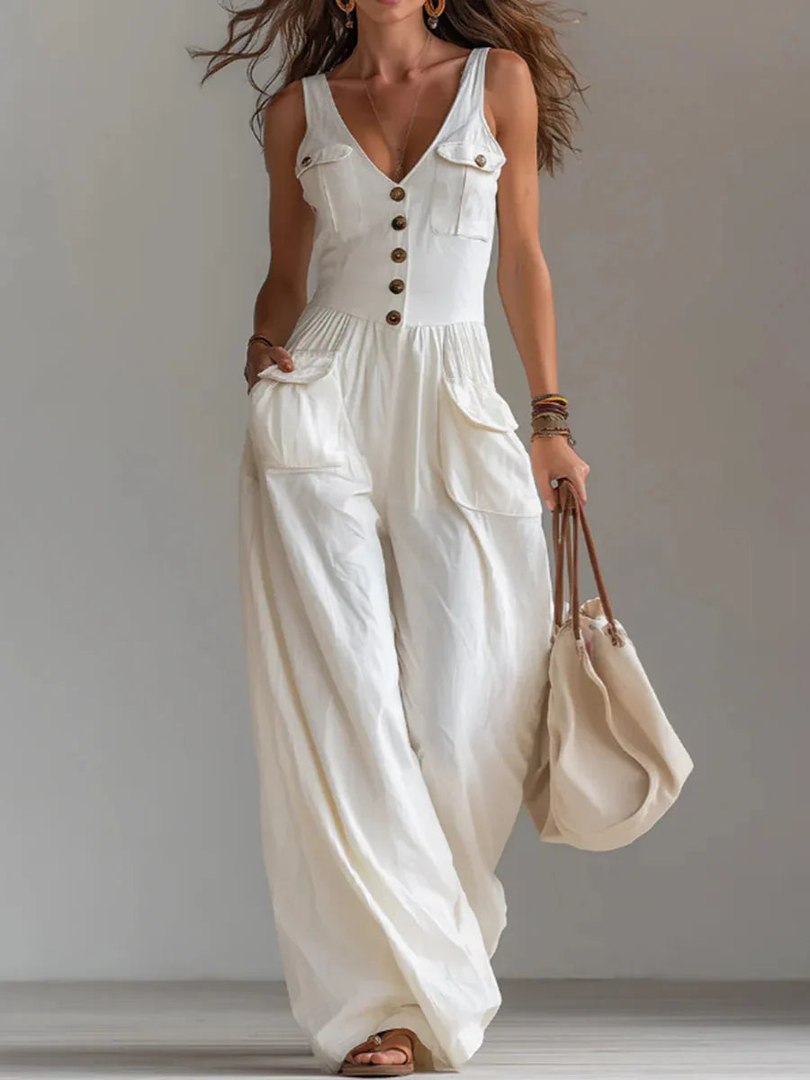 Casual New Solid Women's Jumpsuit Fashion Sexy V Neck Button Front Boho Rompers Summer Sleeveless Pocket Wide Leg Overalls
