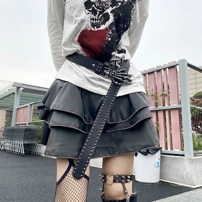 Women's Punk Skull Belt Harajuku Gothic Y2K Rivets Skeleton Hand Decoration Belt Men Girls Leather Belt Halloween Accessories