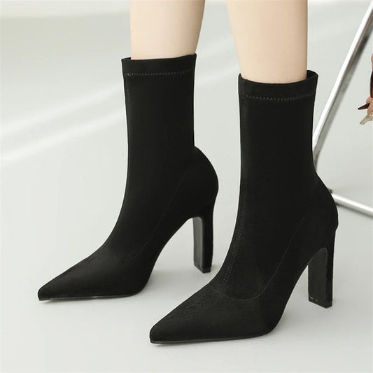 Eilyken Winter Thick Heel Sock Flock Women Boots Pointed Toe Ankle Booties Sexy Female Shoes Plus Size 34-42