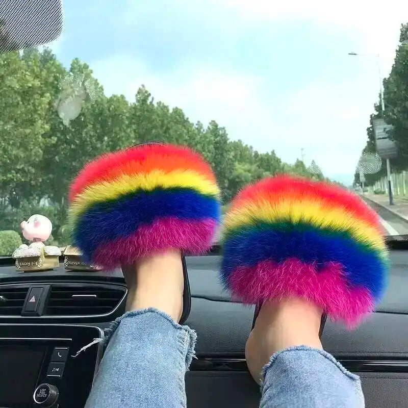 Fur Slippers Women Summer Fluffy Plush Casual Fluffy Flat Non-Slip Real Fox Fur Slides Outdoor Flat Ladies Sandals Flip Flops