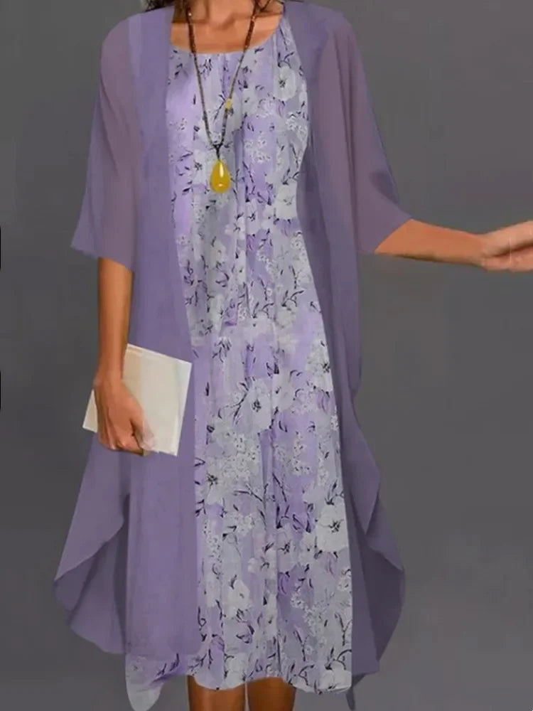 Fashion Women Chiffon Summer Sleeveless O-Neck Print Loose Party Dresses +Cardigan Shawl Elegant Casual Lady Two Piece Set Dress