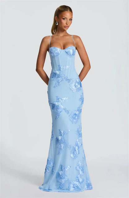 Mozision Spaghetti Strap Backless Sexy Maxi Dress Women Gown Floral Ribbon Applique Sleeveless Bodycon Evening Club Party Dress