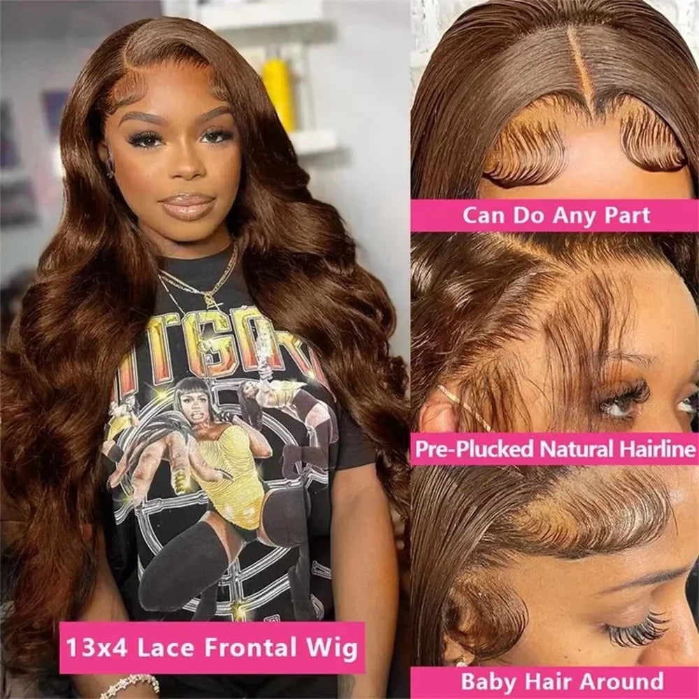 Chocolate Brown 13x4 Lace Front Wig Brazilian Pre Plucked 13x4 HD Lace Frontal Wigs Dark Brown Body Wave Human Hair Closure Wigs