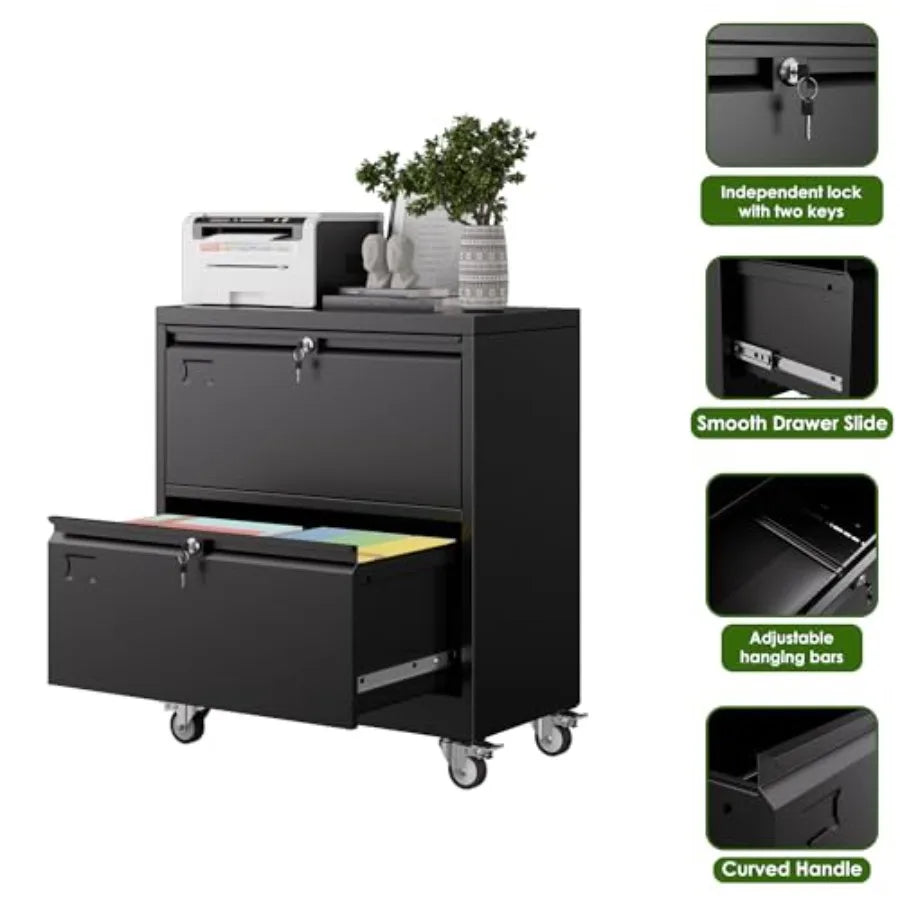 2 Drawer Lateral File Cabinet with Wheels Lockable Metal Filing Cabinet for Home Office Legal/Letter Size Black Required Assemb