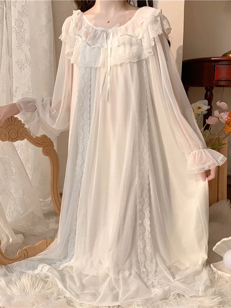 Women Ruffles Vintage Nightgowns Lolita Princess Sleepwear White Lace Mesh Fairy Night Dress Victorian Nightdress Loungewear