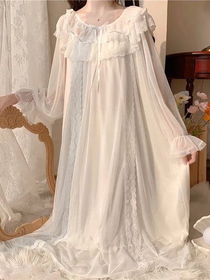 Women Ruffles Vintage Nightgowns Lolita Princess Sleepwear White Lace Mesh Fairy Night Dress Victorian Nightdress Loungewear