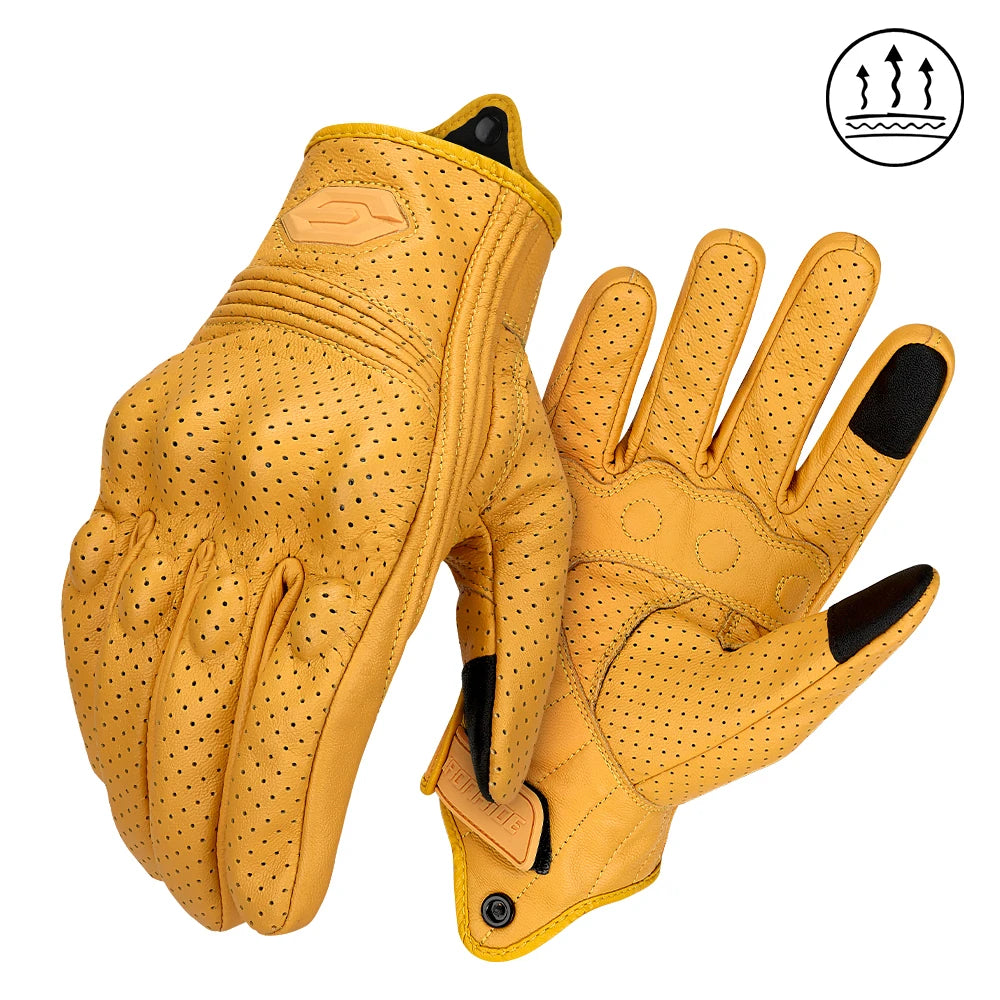 Vintage Leather Motorcycle Gloves Summer Breathable Unisex Biker Gloves With Anti-Slip Ventilation Design Motorbike Ride Glove