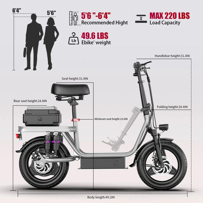 UPlee GQ8 Electric Bike For Adults, Folding Electric Bike, 250W Peak Motor, Scooter EBike With 14" Tire 48V 15AH Battery