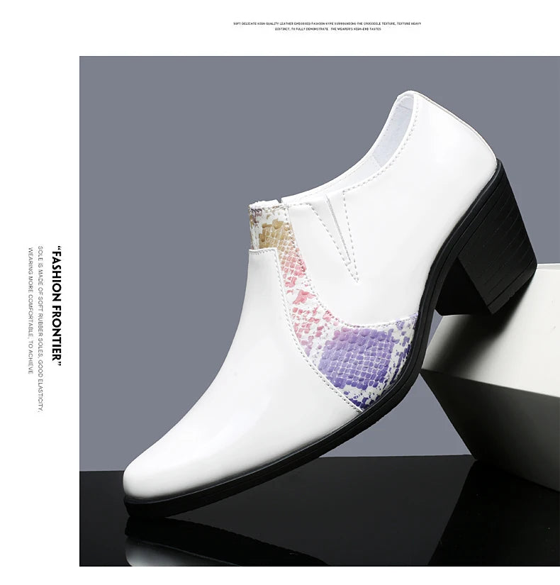 Black Pu Leather Business Dress High Heel Men's Shoes Pointed Toe Slip-on Elegant Party Wedding Shoes Thick Bottom Plus Size