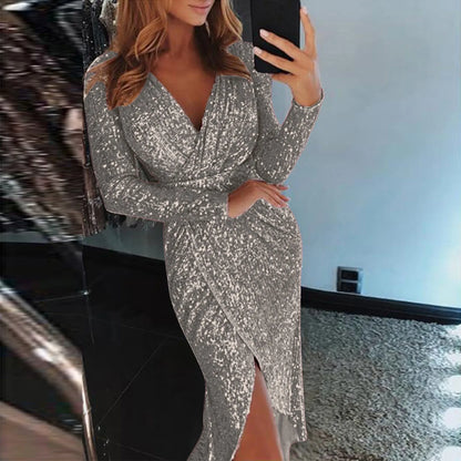 2024 Autumn Winter Gold Sliver Pink Sequined Party Dress Women Front Split Bodycon Party Vestidos Bling Clubwear Dress Vestidos