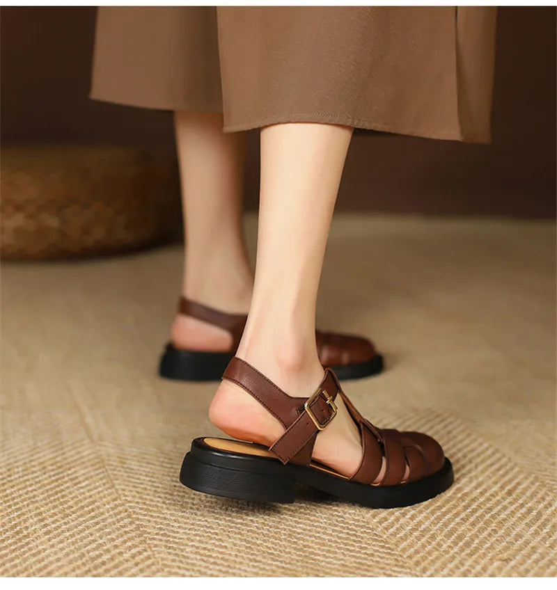 2023 Women Sandals Retro Genuine Leather Luxury Roman Sandals Casual Buckle Strap Summer Shoes GLADIATOR Thick Heel Women Shoes