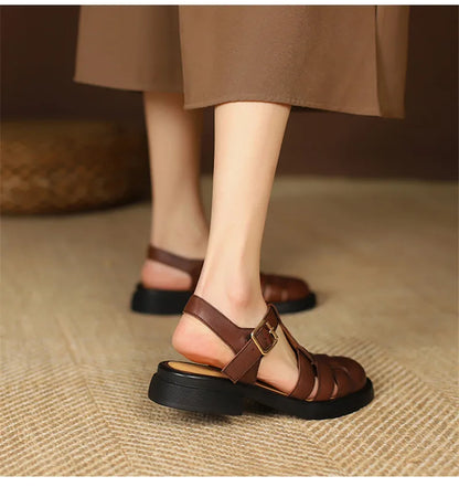 2023 Women Sandals Retro Genuine Leather Luxury Roman Sandals Casual Buckle Strap Summer Shoes GLADIATOR Thick Heel Women Shoes