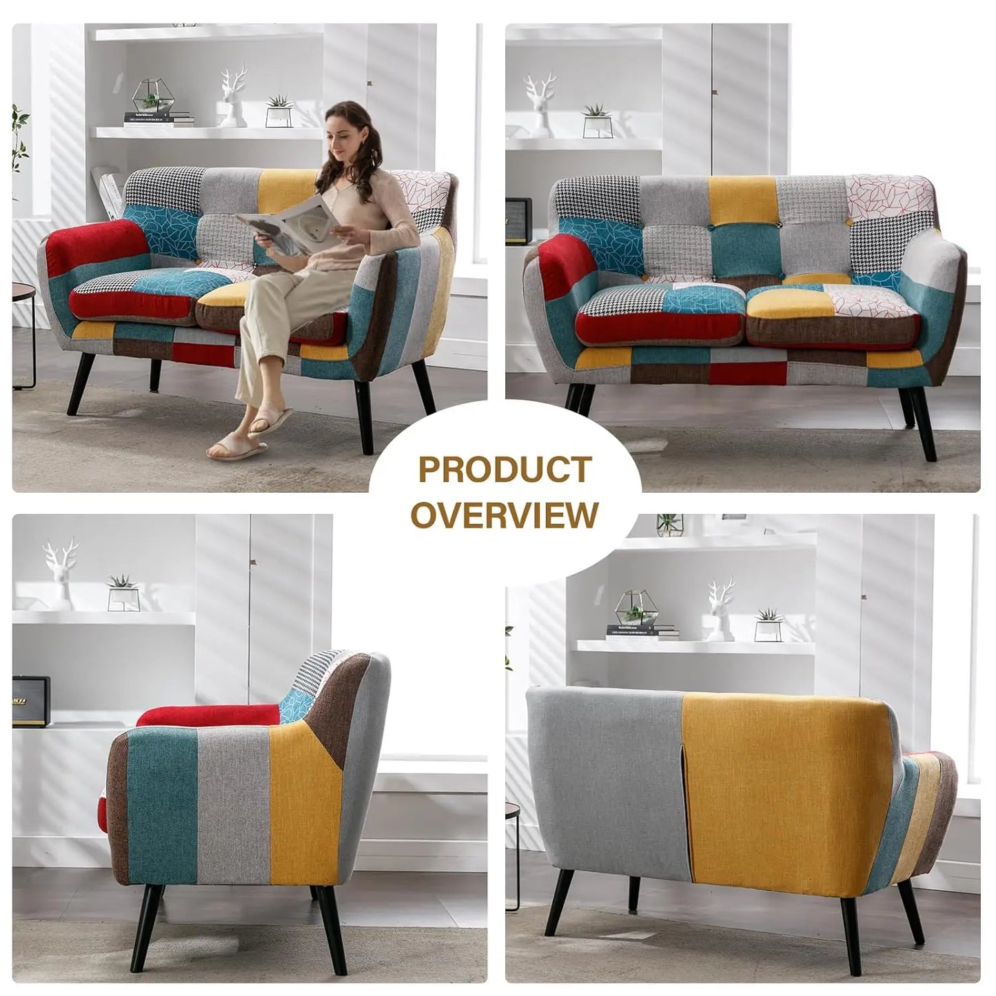 Modern Boho Loveseat Couch Sofa Chair for Living Room Bedroom, Upholstered Colorful Plaid Fabric 2-Seat Love Seat, Customized