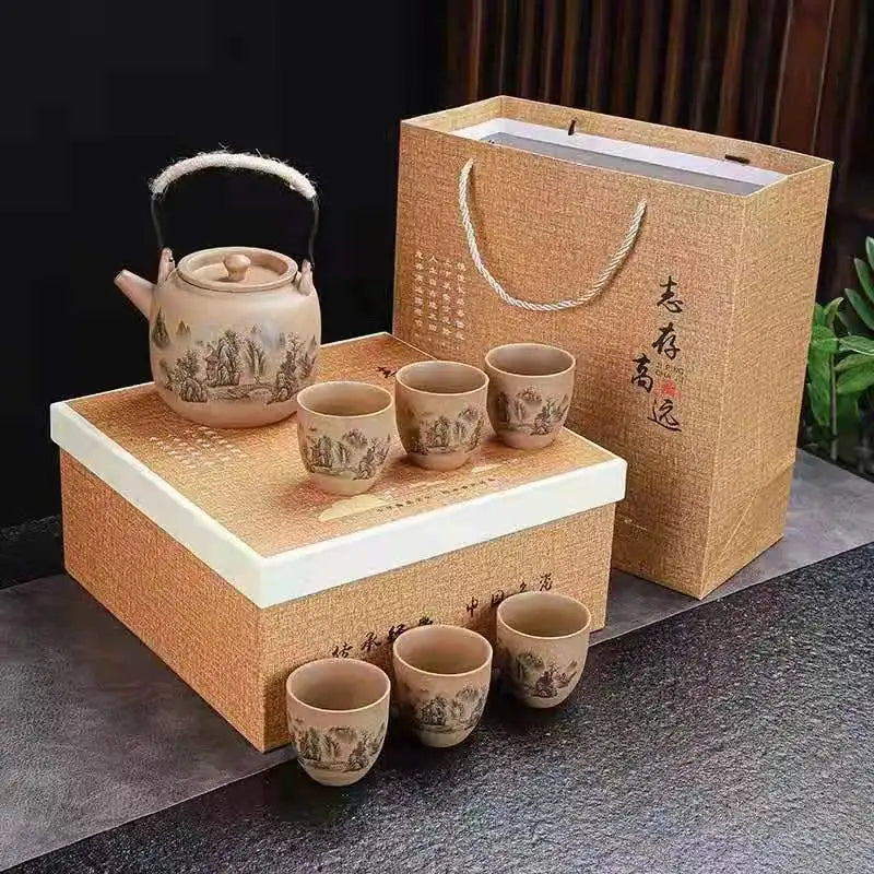 Retro Japanese coarse pottery beam pot business gift ceramic kung fu tea set large teacup