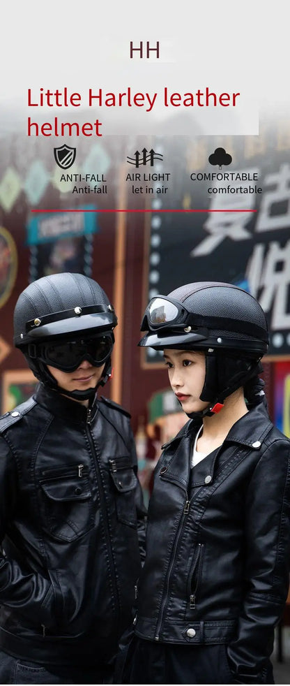 Retro Leather Half Helmet with Ear & Neck Protection - All-Season Cycling Safety Helmet