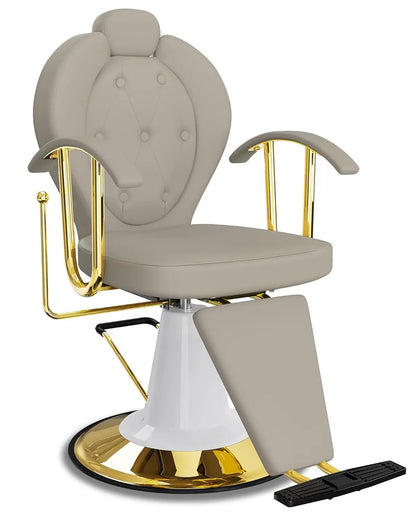 Cream Reclining Salon Chair Hydraulic 360° Swivel Adjustable Headrest 440lbs Capacity Barber Styling Seat, Customized
