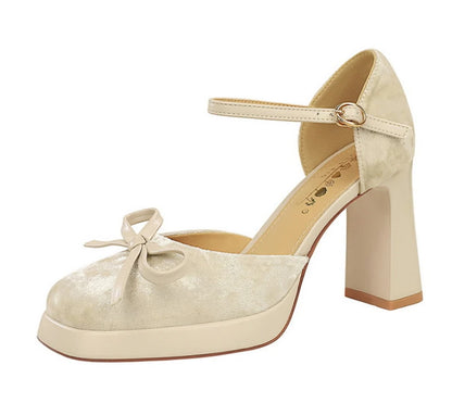 Velvet Platform Ankle Strap High Heels With Bow Block Heel Party Prom Evening Formal Comfortable Thick Heel Closed Toe Sandals