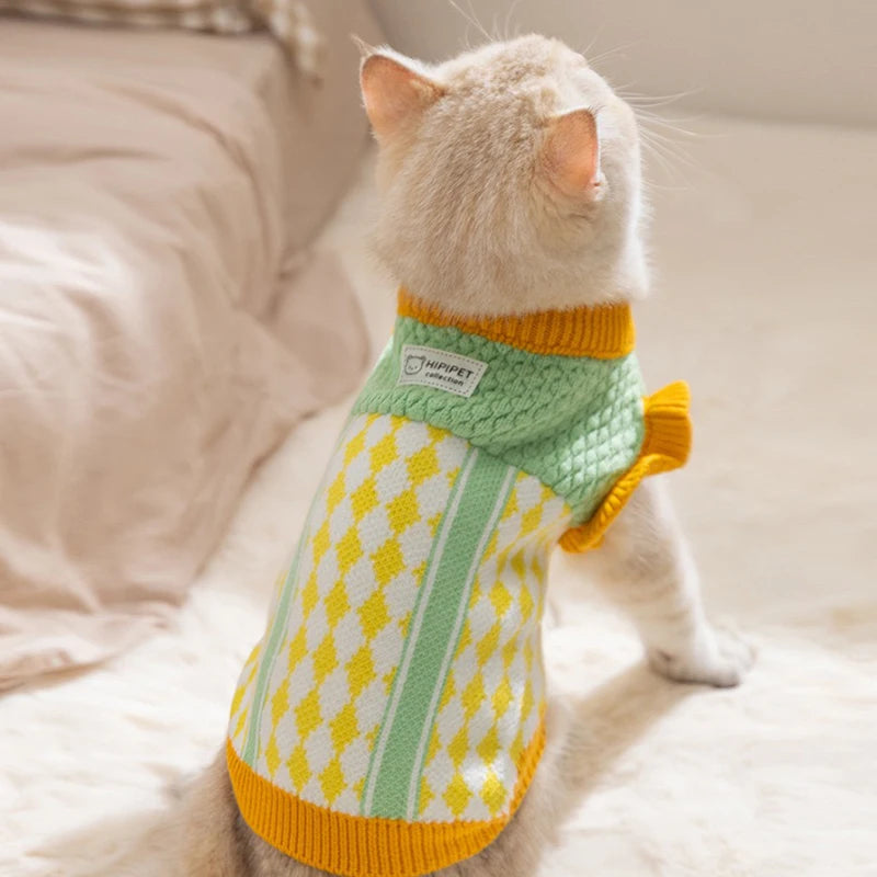 Diamond Grid Solid Cat Sweaters Warm Wool Knitting Winter Sphinx Small Dogs Clothing Ruffle Sleeve Female Girl Puppy Overalls