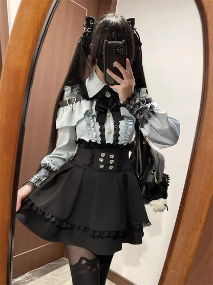 Gothic Women's Clothing Shirt Long Sleeve Lolita Blouse Japanese Bow Tie Sweet Cute Tops Design Streetwear Y2k Retro Blouse New