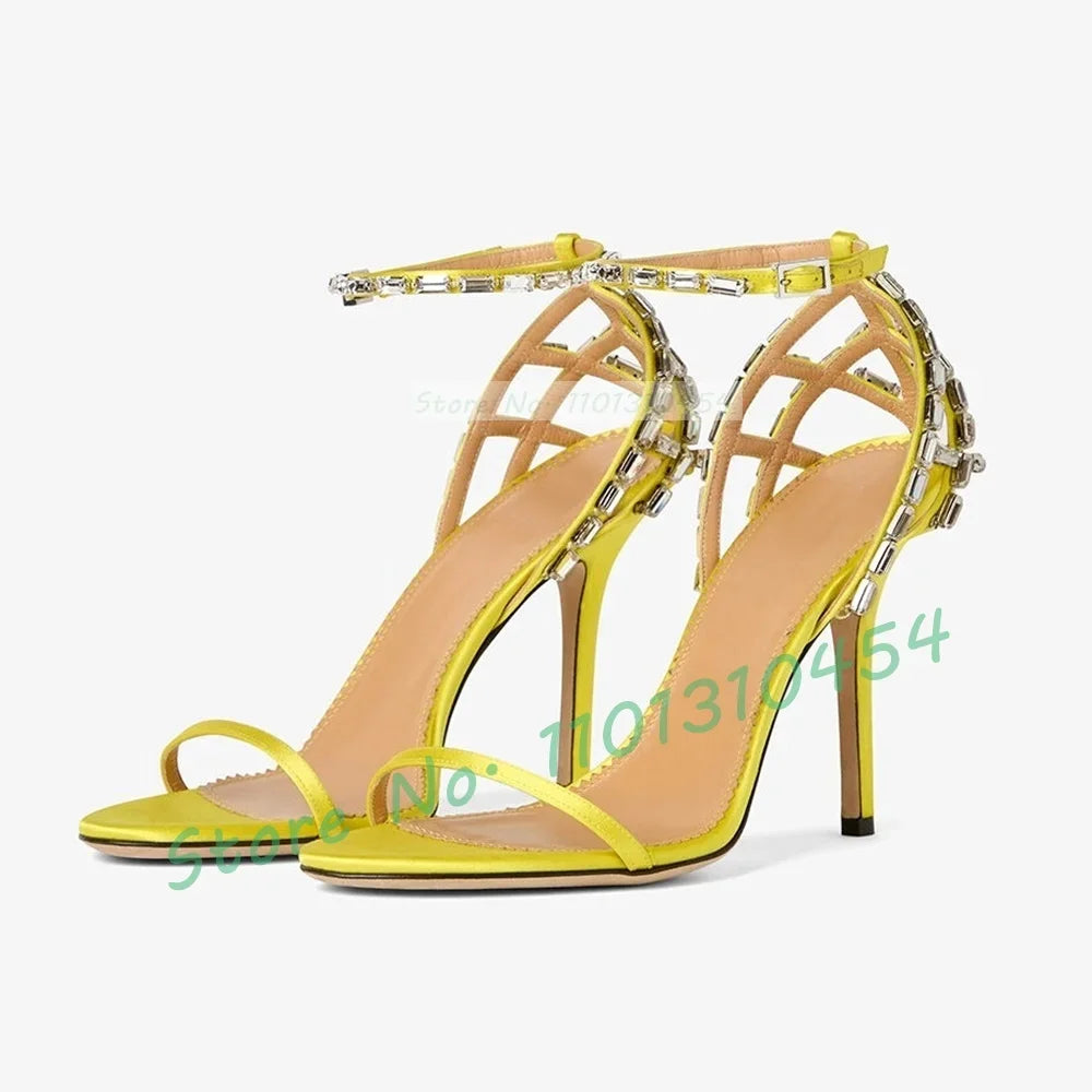 Yellow Crystal Cage Satin Sandals Women Luxury Cross Strap Cover Heel Stiletto Sandals Summer Elegant Ladies Outfit Party Shoes