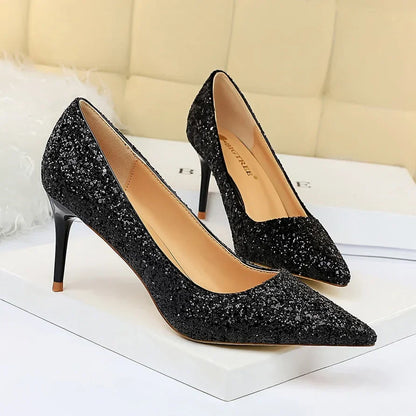 Women Luxury Bling Red  Blue Valentine Party Scarpins Pumps Lady Glitter Sequins 7cm 9.5cm High Heels Designer Shoes Plus Size