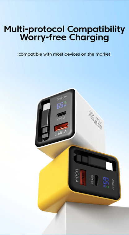 65W USB C GaN Charger Wall Charger Power Adapter Digital Display With Retractable Type C Cable For iPhone 17 16 Samsung Xiaomi