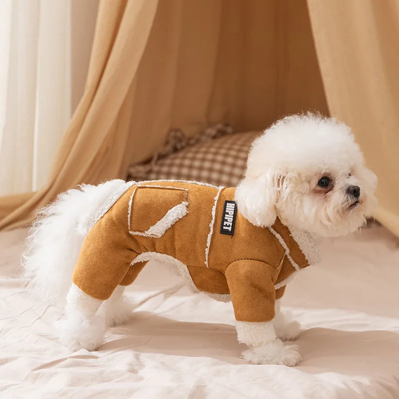Pet Clothing Plush Leather Jacket Autumn Thick Warm Coat Winter Cat Pet Jumpsuit Puppy Clothes Four Legged Pants for Small Dogs