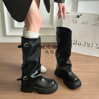 Women Double Buckle Slouch Knee High Boots Round Toe Platform Thick Sole Leather Tall Boots Street Casual Daily Ladies Boots
