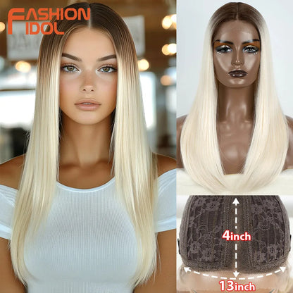 FASHION IDOL 14inch/35cm Short Bob Lace Wigs Synthetic Hair Ombre Brown Grey Wigs For Black Women Heat Resistant Synthetic Wig