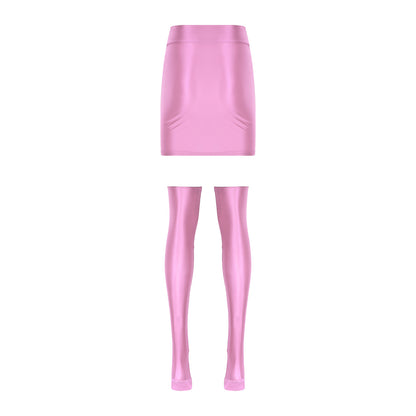 Womens Glossy Nightclub Outfit Shiny High Waist Mini Skirt with Stockings Set Rave Party Cheer Booty Workout Pole Dance Clubwear