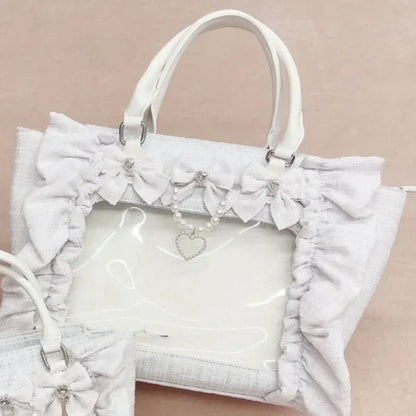 Sweet Y2k Aesthetic Transparent Bow Ita Bag Casual Chic Ruffle Fashion Women's Handbags All Match Kawaii Shoulder Crossbody Bags
