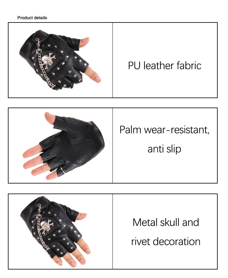 Skull Rivet Gloves Street Dance Men Fashion Punk Couple Chain Gloves Nightclub Women Waterproof PU Leather Half Finger Gloves