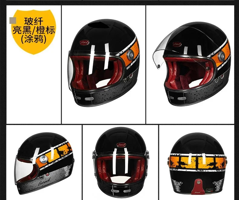 BEON Lightweight Fiberglass Full Face Helmet for Men Women Retro Motorcycles Helmet Cool and Personalized Karting Helmet B510
