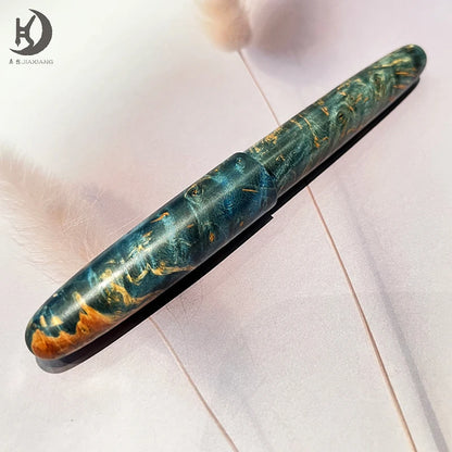 Natural Stabilized Wood Fountain Pen, Fine Nib Carving Handcraft Pen with Converter (Grass Green/Red/Blue)
