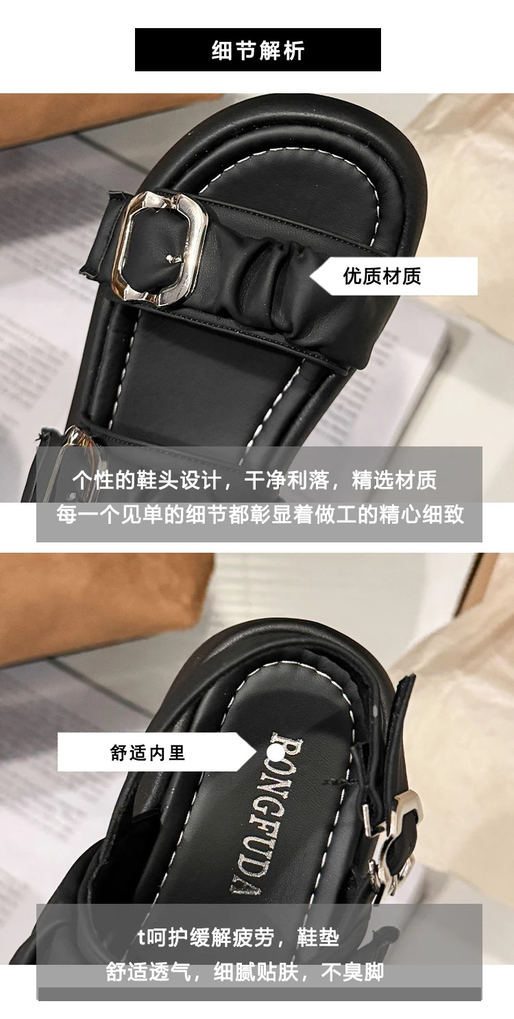 Designer's One Word Buckle Thick Bottom Women's Sandals Luxury Women's Shoes Round Head Fish Mouth Shoes Sponge Bottom Sandals