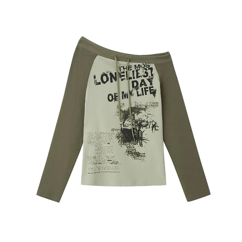 Karrram Japanese Y2k Off Shoulder T-shirt Grunge Aesthetics Graffiti Print Long Sleeve Tee Shirt Vintage Harajuku Streetwear 90s