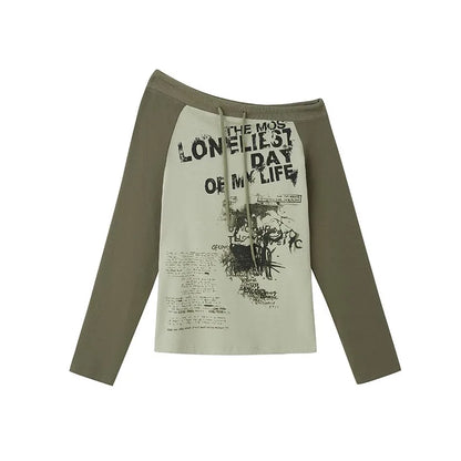 Karrram Japanese Y2k Off Shoulder T-shirt Grunge Aesthetics Graffiti Print Long Sleeve Tee Shirt Vintage Harajuku Streetwear 90s