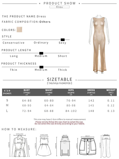 kliou Shiny Long Dress Stunning Women Solid Summer Thin Mesh Sheer Backless Sleeveless Bodycon Female Elegant Fashion Vestidos
