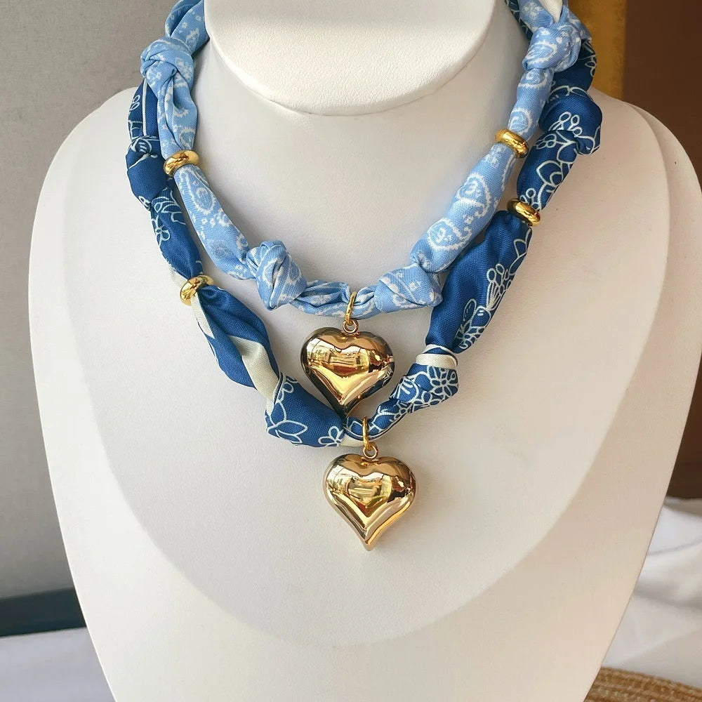 Women’s Fashion Scarf Necklace with Large Stainless Steel Heart Pendant Stackable Bandana Jewelry