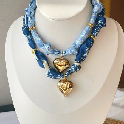 Women’s Fashion Scarf Necklace with Large Stainless Steel Heart Pendant Stackable Bandana Jewelry