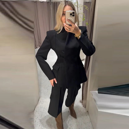Elegant Solid Women's Blazer Trouser Suits Lapel Single-Breasted Wide Leg Pants Lady Set 2026 Spring 2 Pieces Set Women