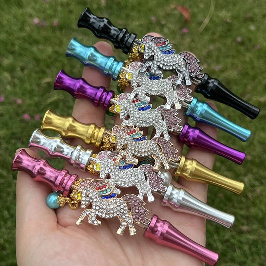 Portable Unicorn Shape Metal Hookah Straw Shisha Mouthpiece Tips Hookah Mouthpiece Tips with Crystal Reusable Mouth Tips
