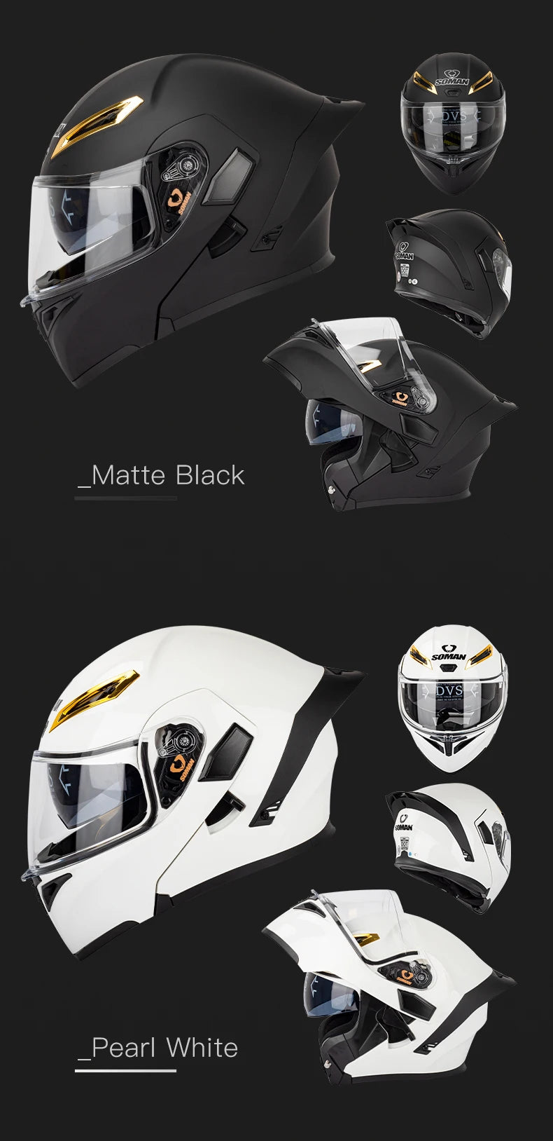 SOMAN Full Face Helmet Dual Lens Flip Up Motorcycle Helmets Casco Accessories Men Women Casque Moto Racing DOT Approved Visor