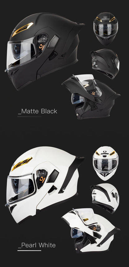 SOMAN Full Face Helmet Dual Lens Flip Up Motorcycle Helmets Casco Accessories Men Women Casque Moto Racing DOT Approved Visor
