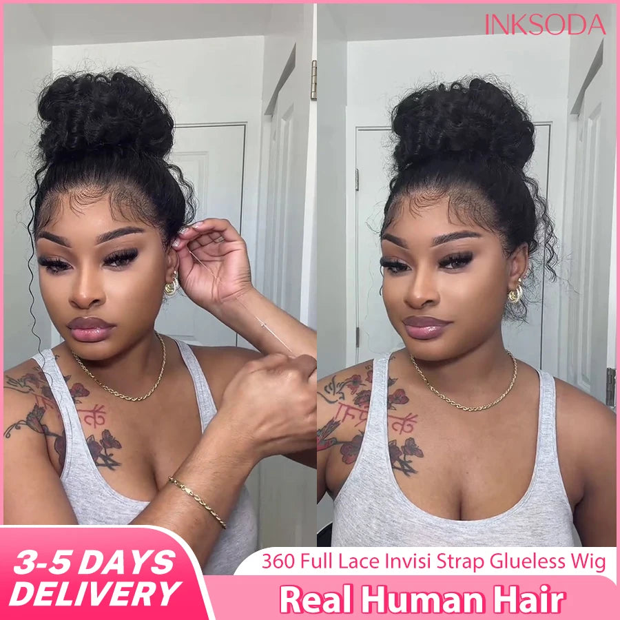 360 HD Lace Front Wigs Hidden Strap Deep Wave Human Hair Pre Plucked 220 Density Full Lace Frontal Wig with Invisible Drawstring
