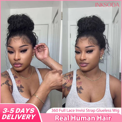 360 HD Lace Front Wigs Hidden Strap Deep Wave Human Hair Pre Plucked 220 Density Full Lace Frontal Wig with Invisible Drawstring