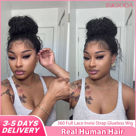 360 HD Lace Front Wigs Hidden Strap Deep Wave Human Hair Pre Plucked 220 Density Full Lace Frontal Wig with Invisible Drawstring